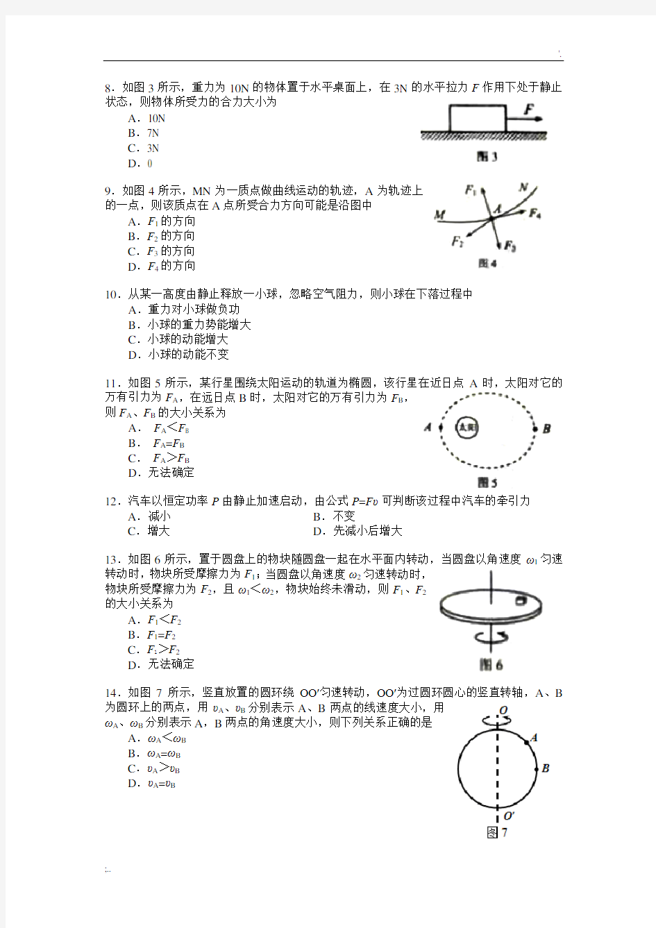 2018年湖南省普通高中学业水平考试物理试卷及答案