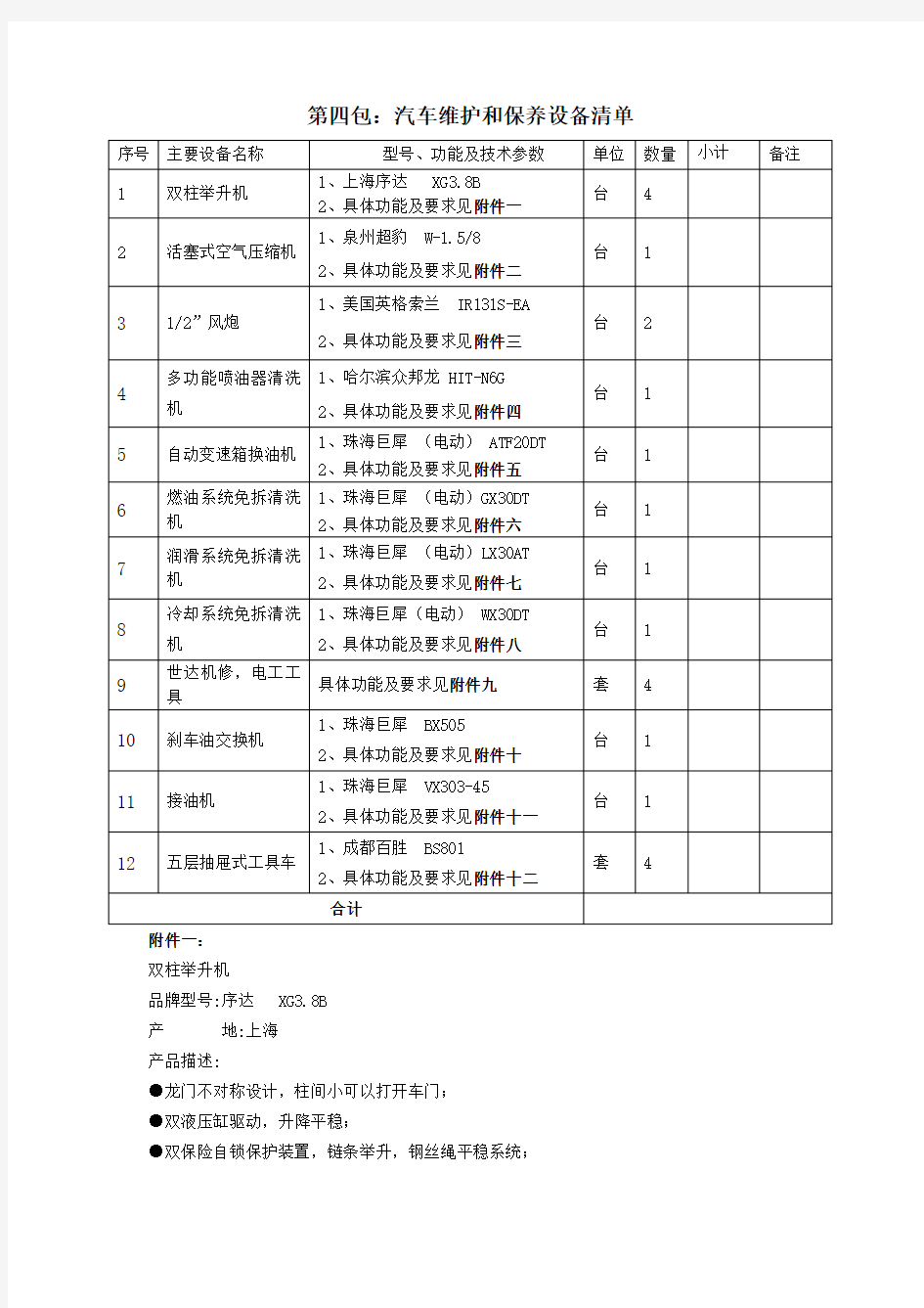 #第四包汽车维护与保养设备清单