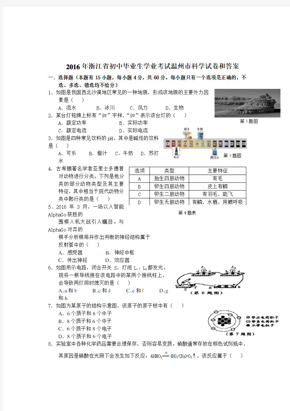 2016浙江温州科学中考试卷和答案(word经典版)..