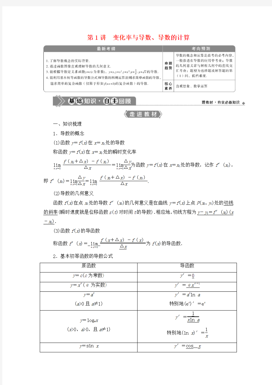 2021版高考数学一轮复习第三章导数及其应用第1讲变化率与导数、导数的计算教学案理北师大版