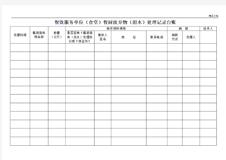 餐饮服务单位(食堂)餐厨废弃物(泔水)处理记录台账