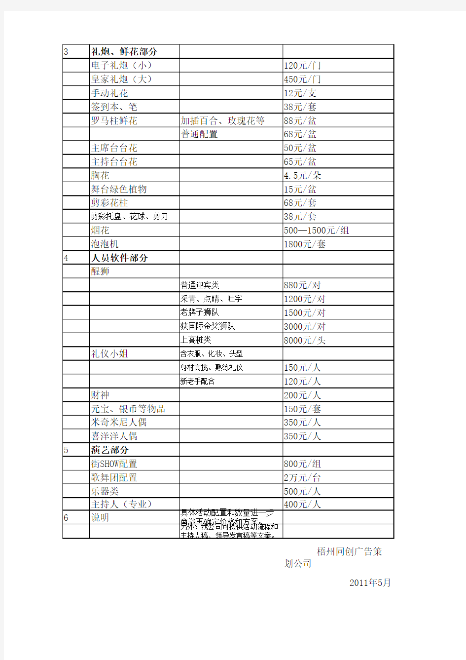 庆典类常规报价单