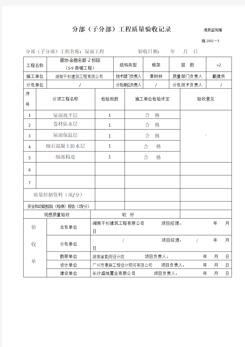 分部(子分部)工程质量验收记录