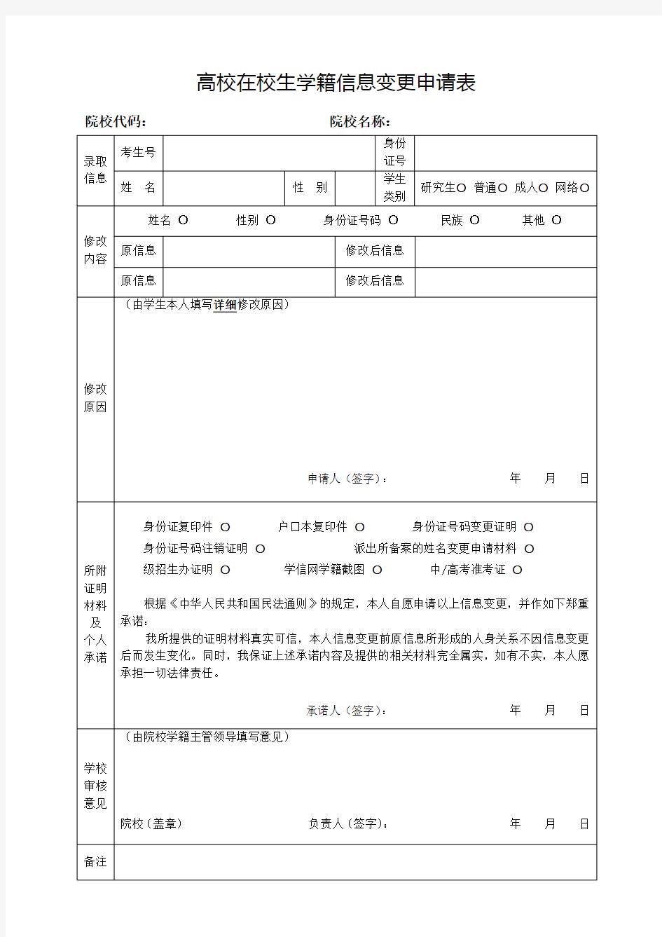 师范大学网络教育学院学生基础信息修改申请表