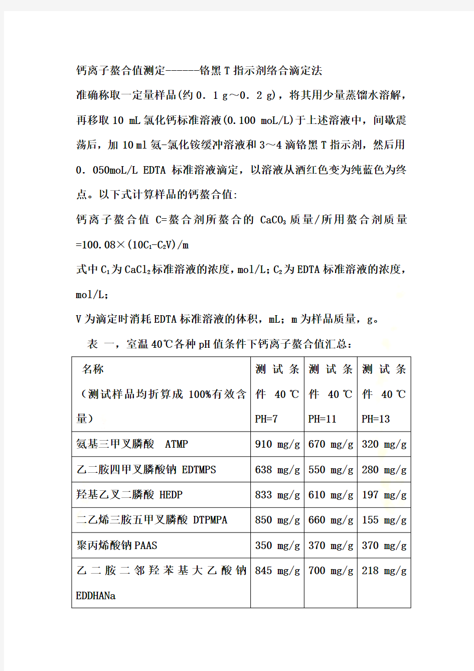 各种条件下多种螯合剂对钙离子和铁离子螯合值数据