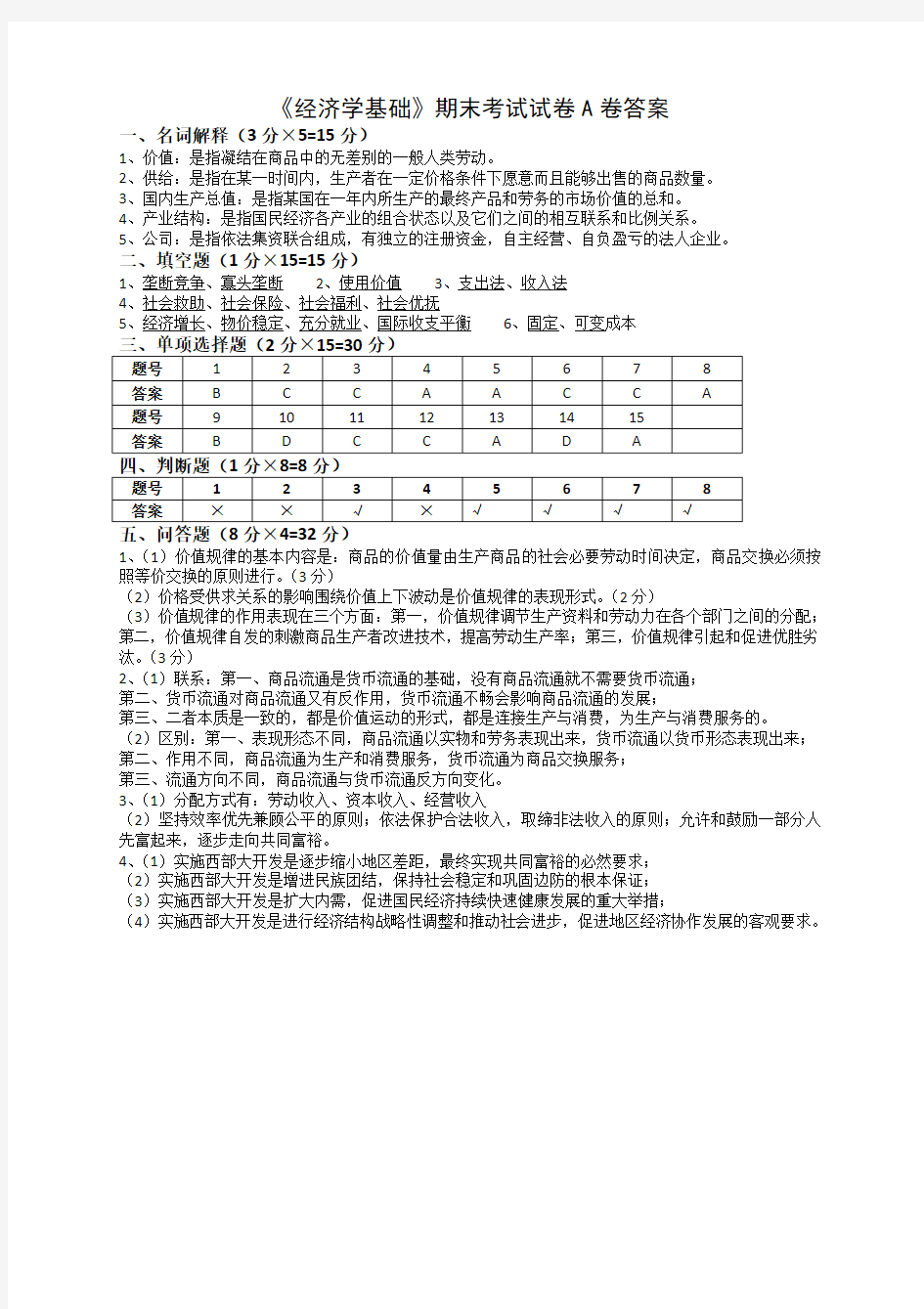 经济学基础期末考试试卷A卷答案