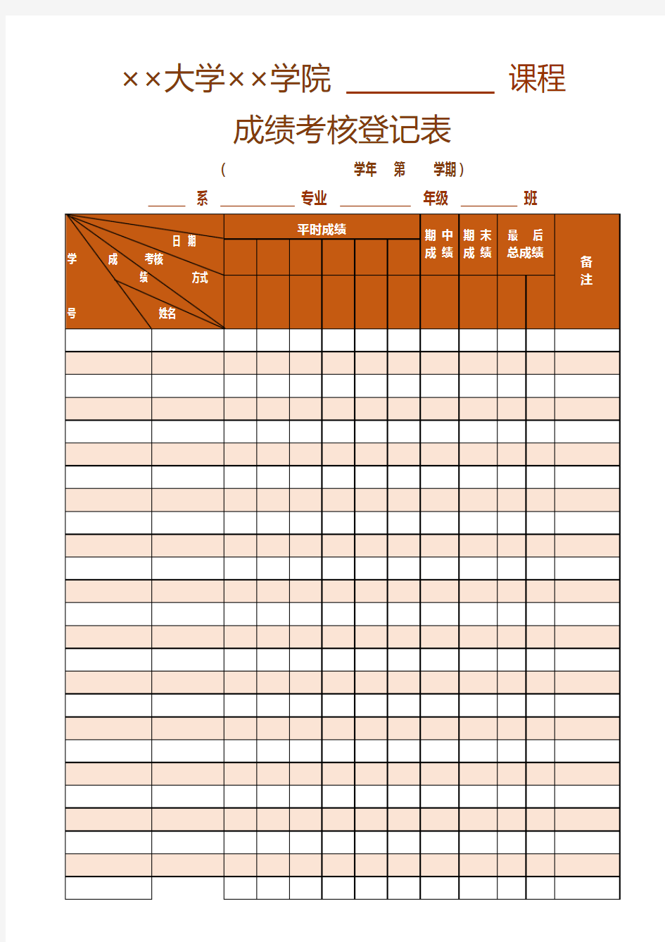 成绩考核登记表Excel模板