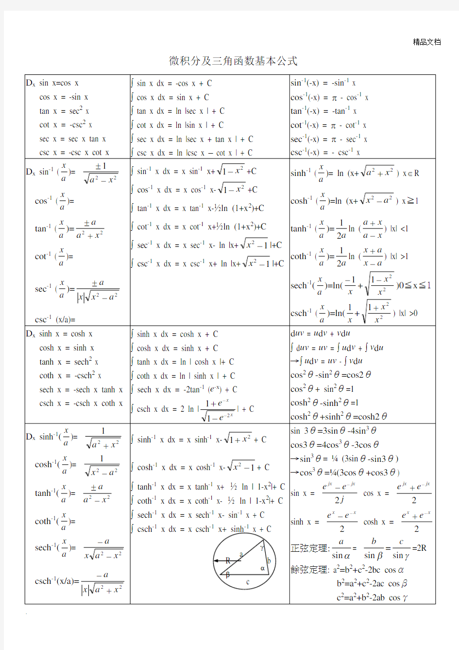 微积分及三角函数公式