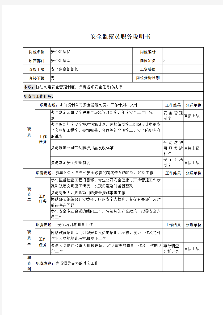 (新)电力公司安全监察员岗位说明书