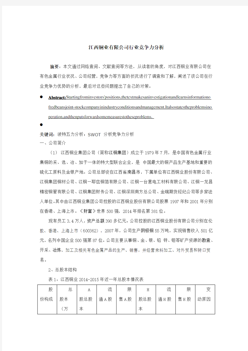 江西铜业有限公司行业竞争力分析