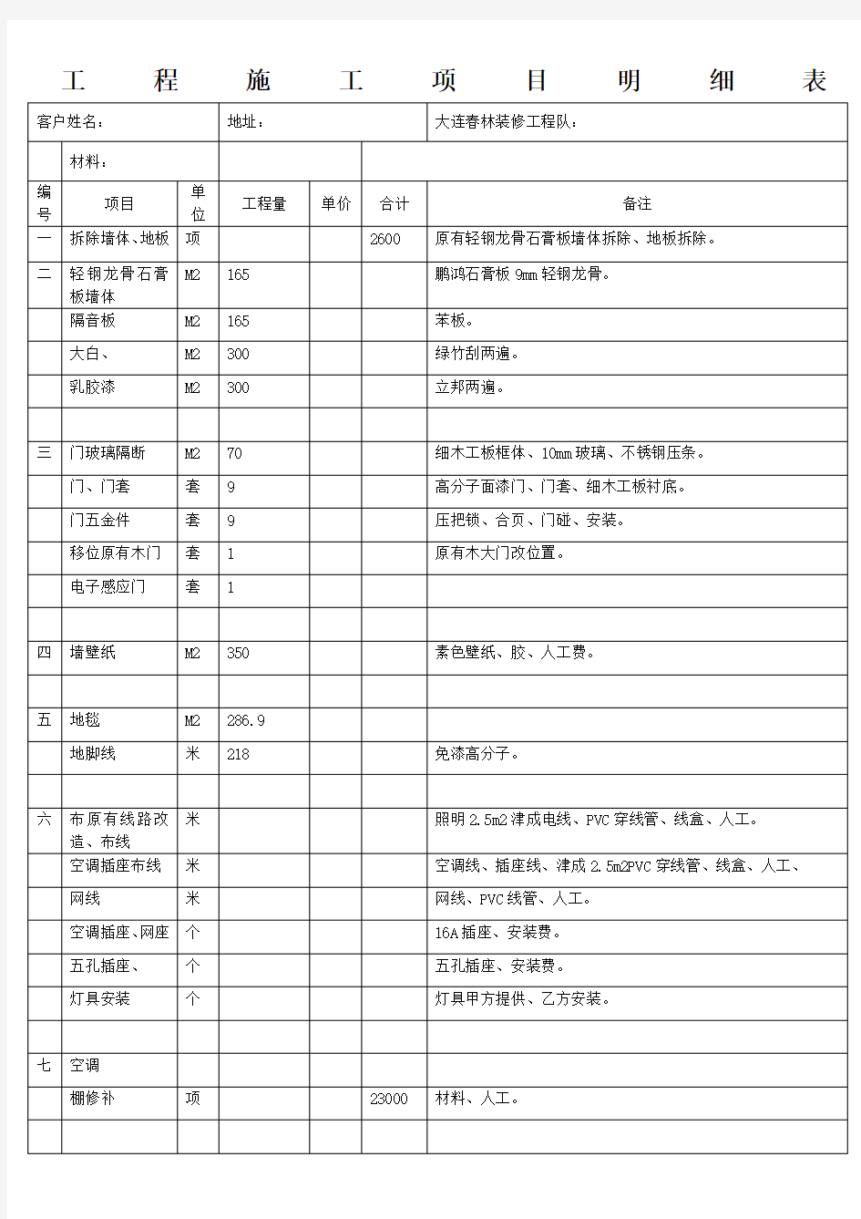 工程施工项目明细表改