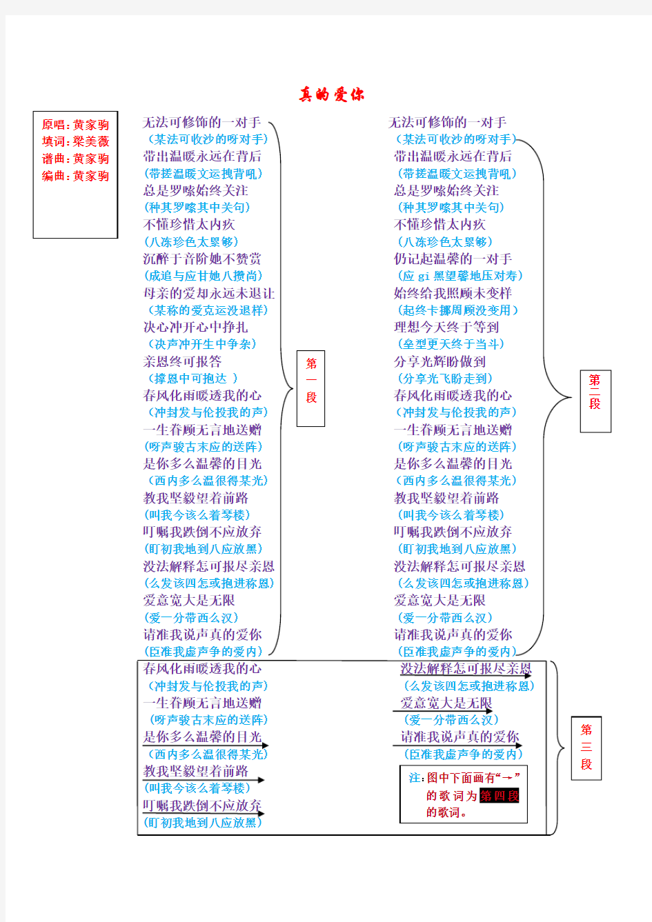 真的爱你粤语歌词翻译普通话谐音