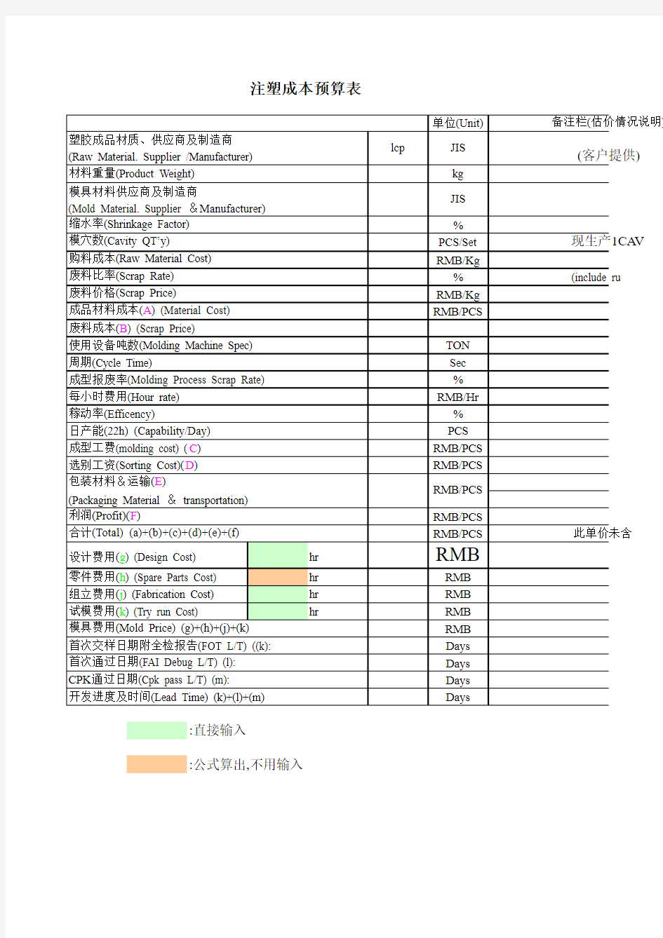 注塑成本预算表