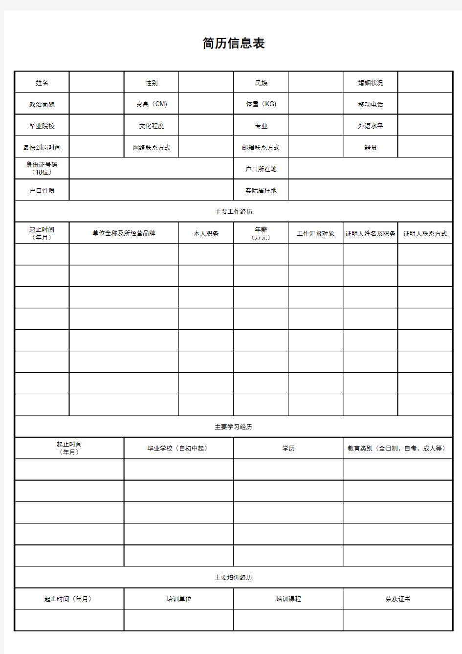 中高级人才信息登记表