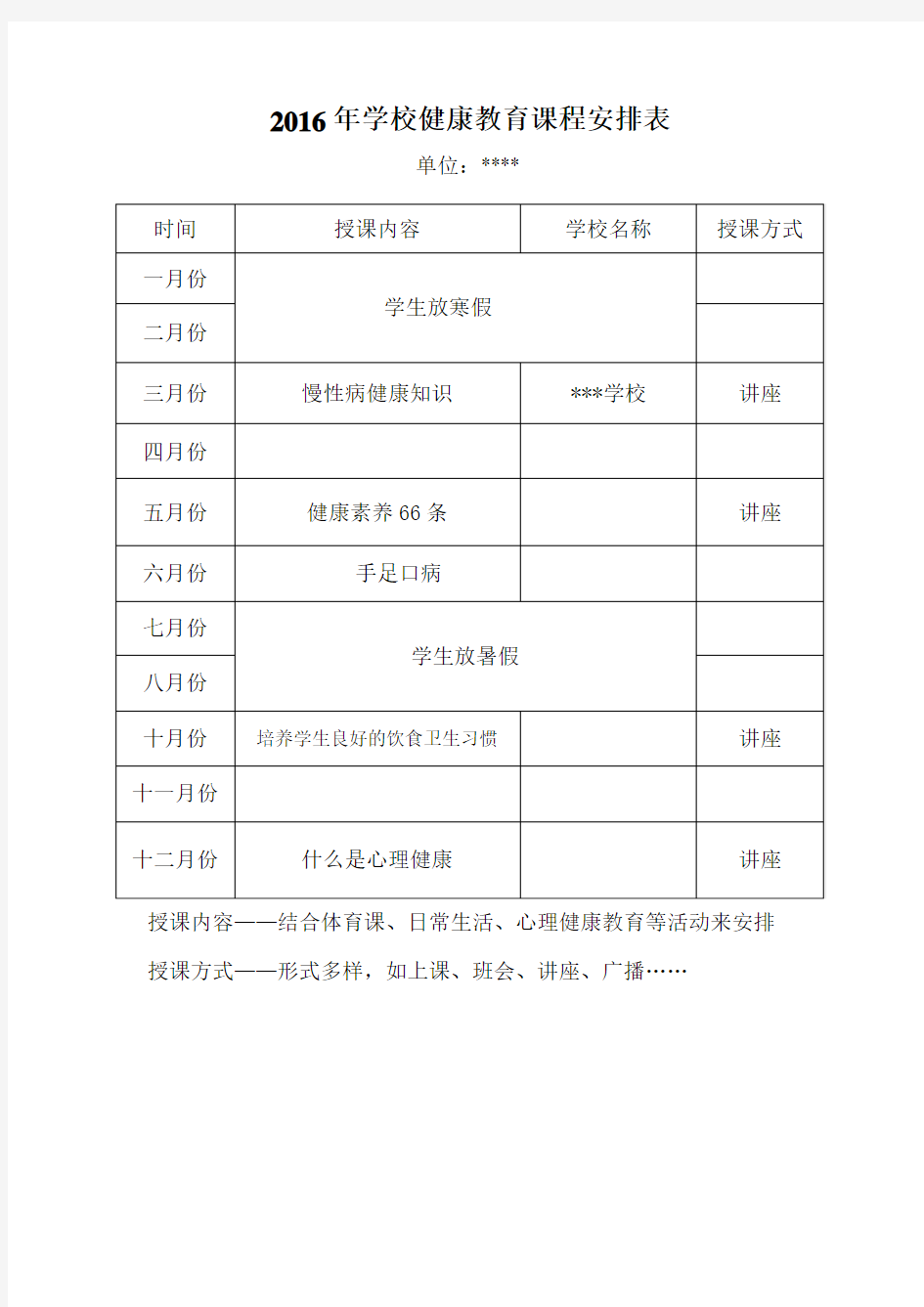 2016年学校健康教育课程安排表