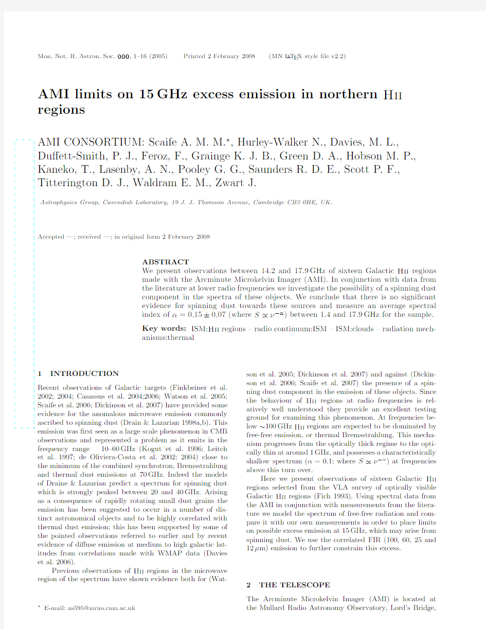 AMI limits on 15 GHz excess emission in northern HII regions