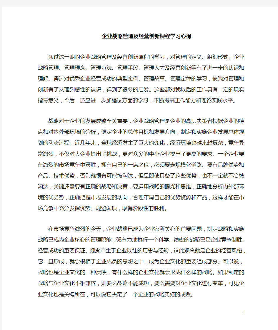 企业战略及管理创新学习心得