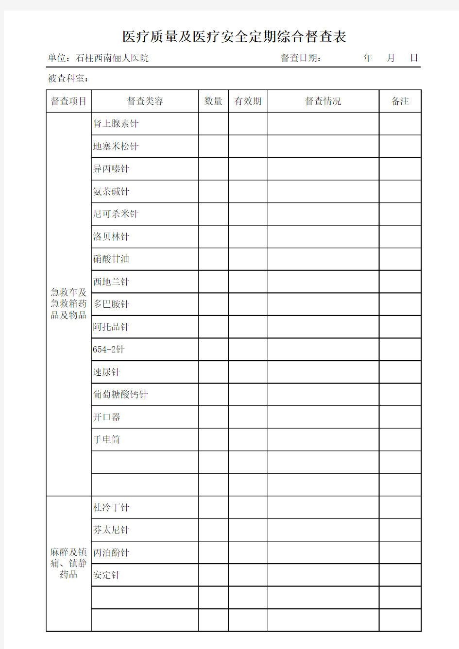 医疗质量及安全定期督查表