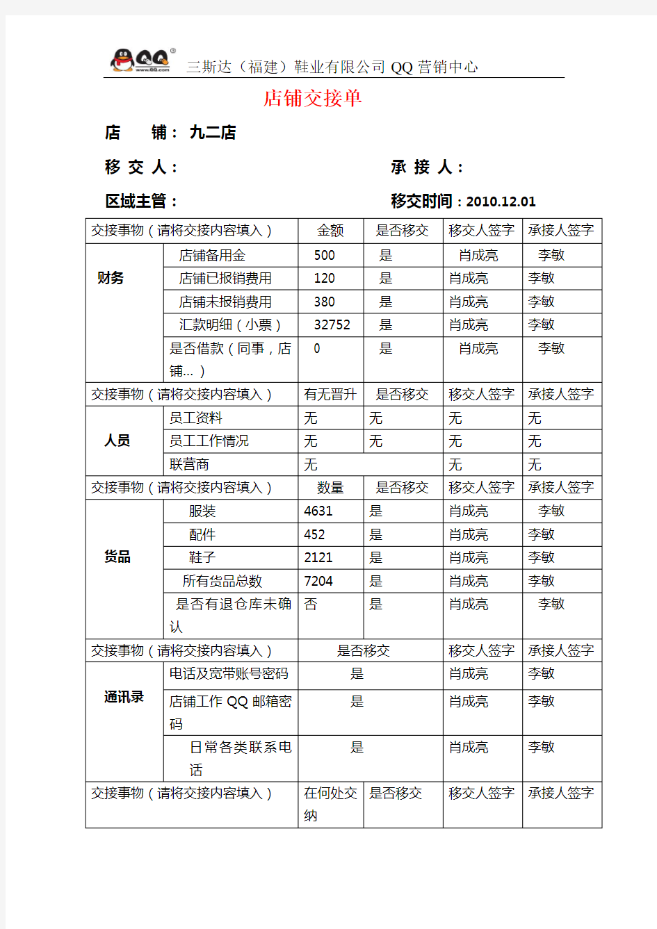 店铺交接单