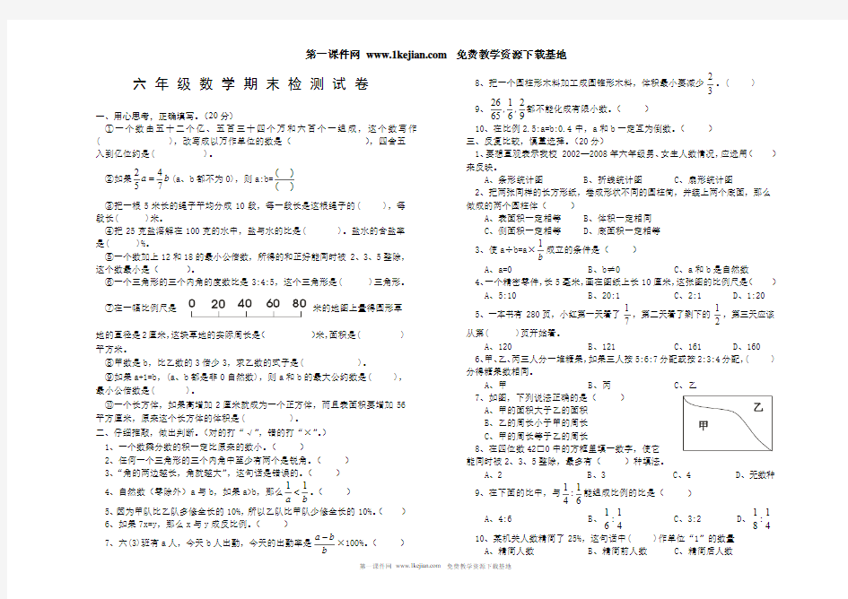 六 年 级 数 学 期 末 检 测 试 卷