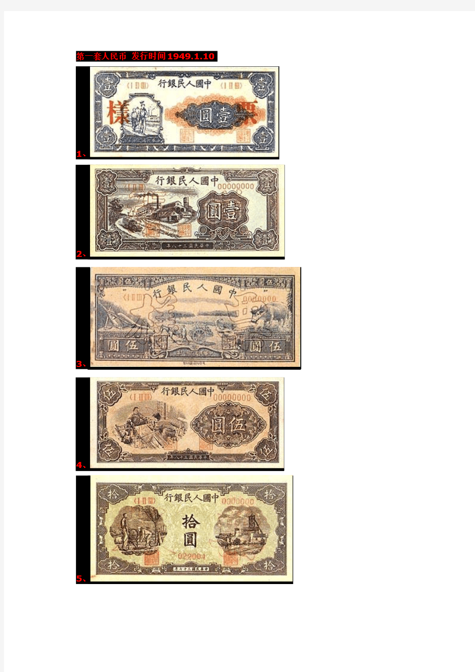 1950年以后所有的人民币