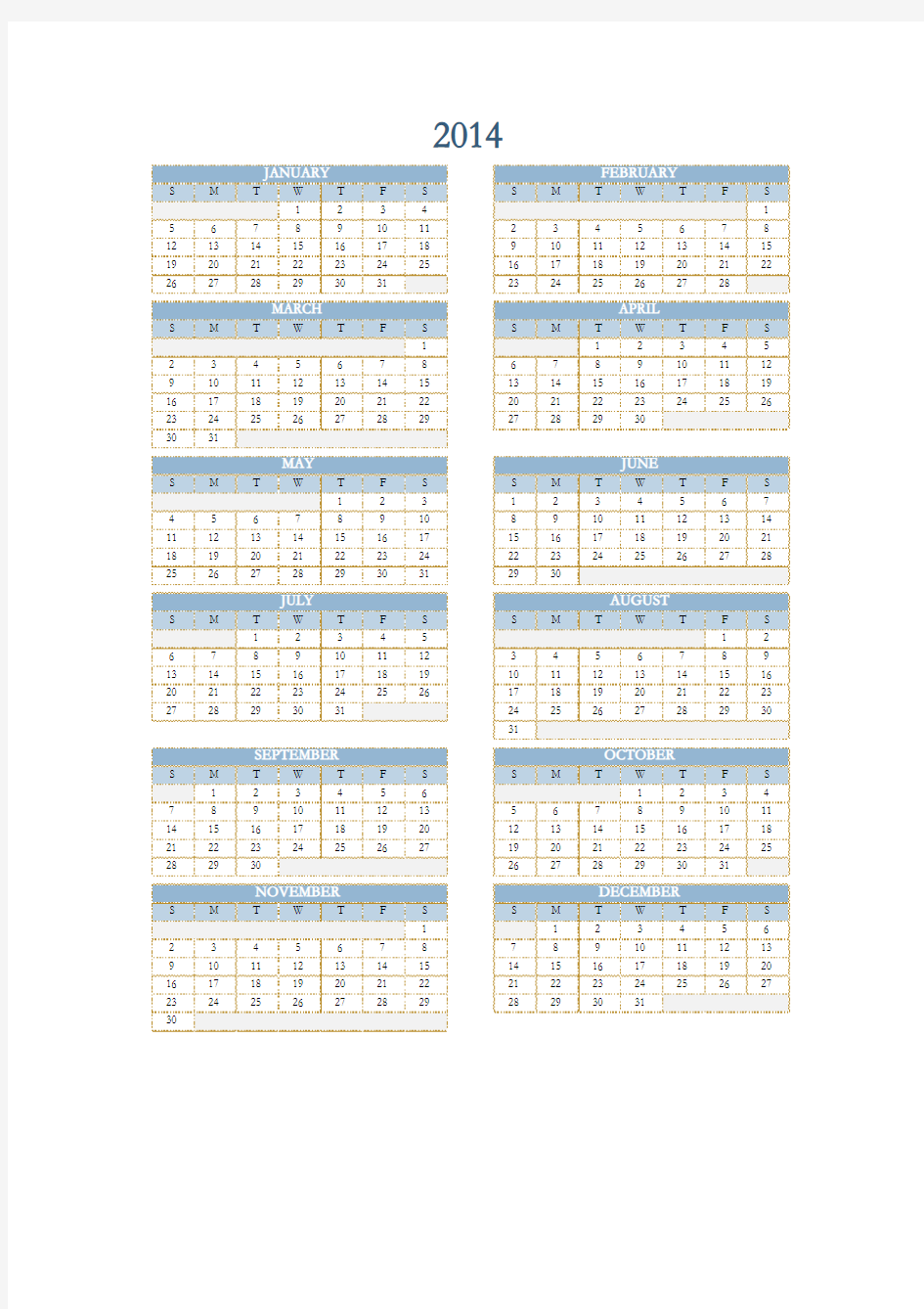 2014-2019 Calendar 日历