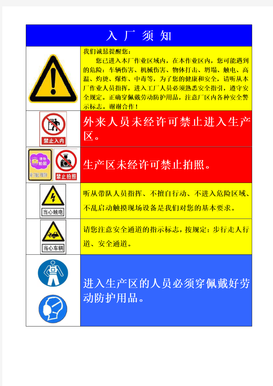 入厂安全警示告知牌