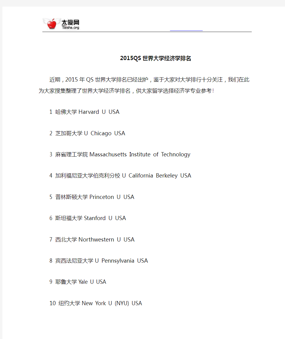 2015QS世界大学经济学排名