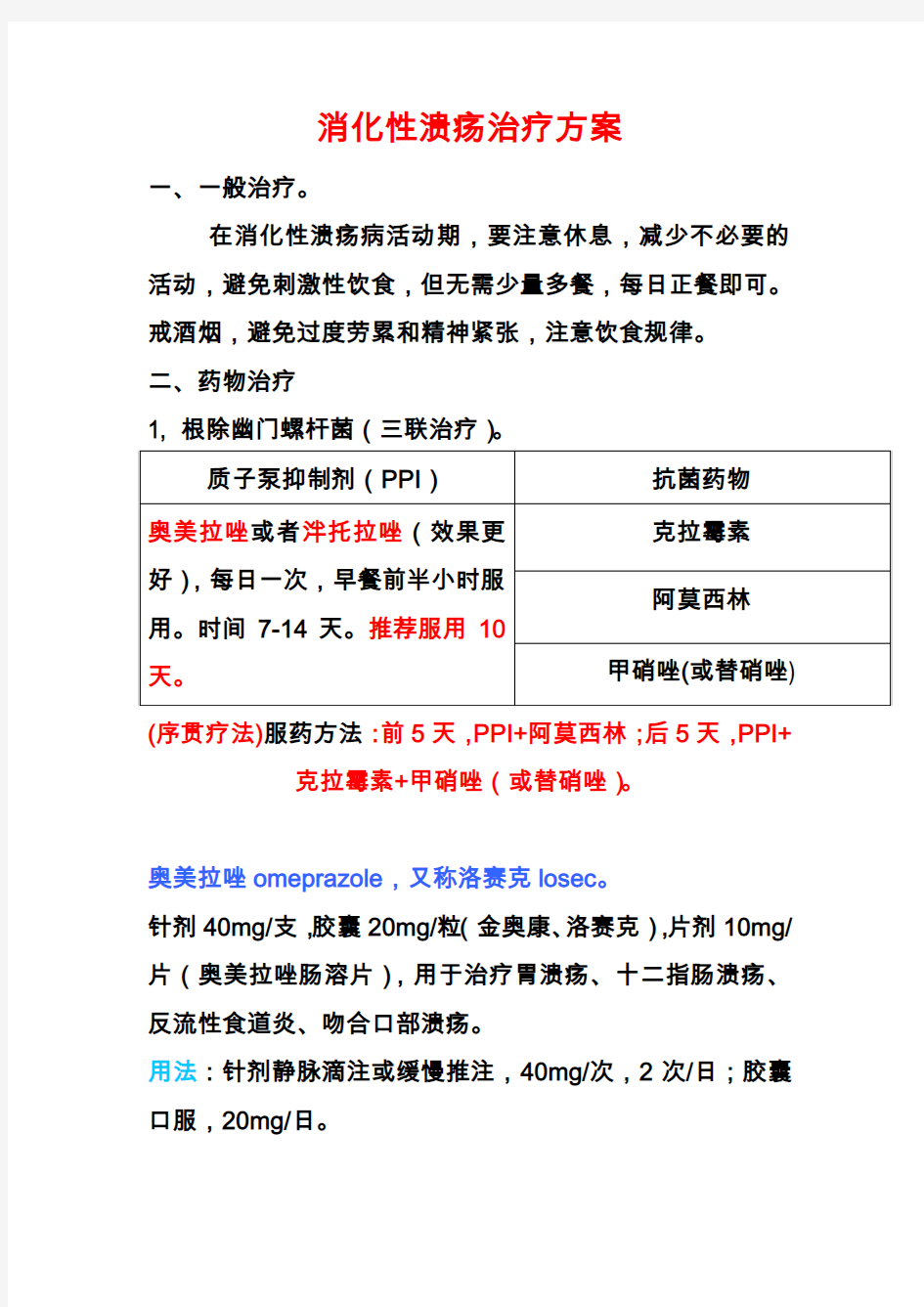 消化性溃疡治疗方案