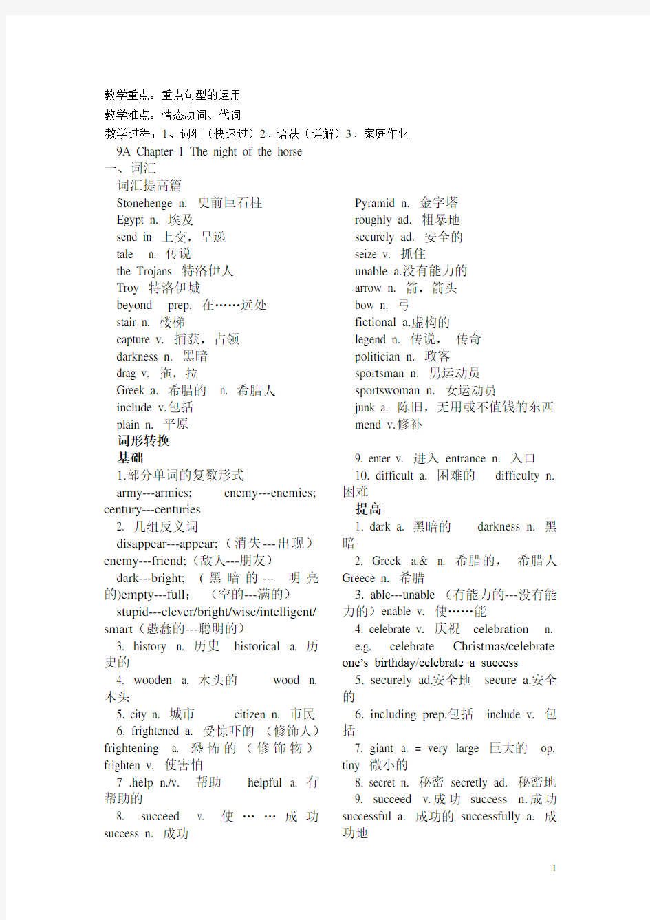 上海牛津英语9AUnit1知识点和语法点(配练习)