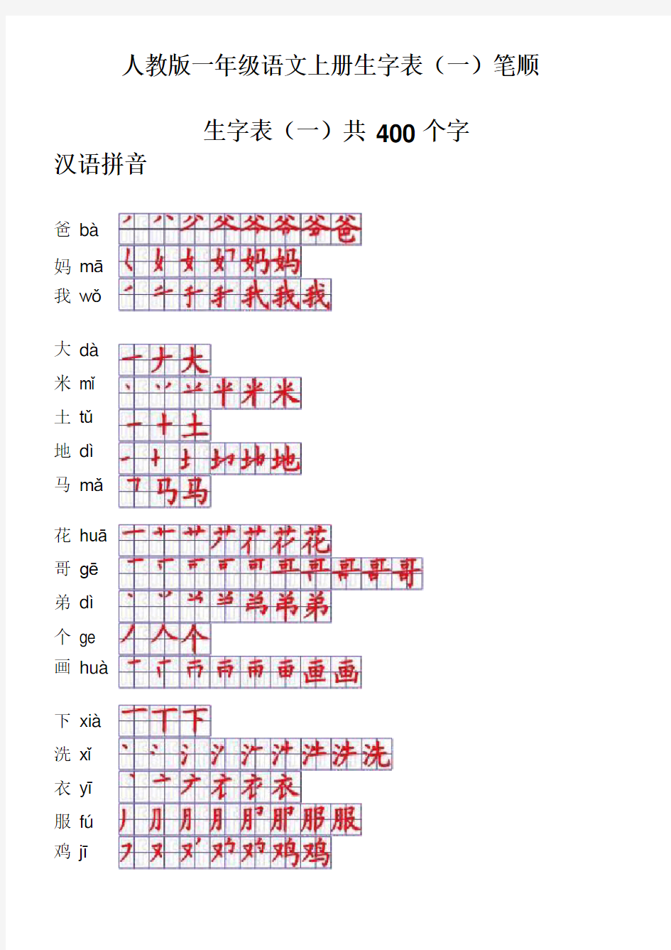 人教版一年级语文上册生字表笔顺表(Word)格式