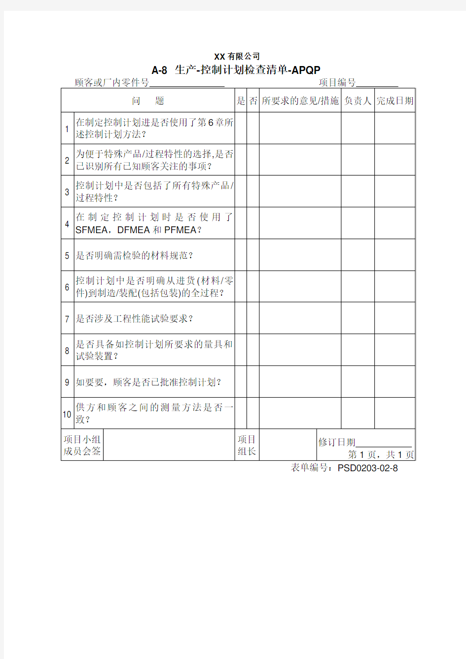 生产控制计划检查清单