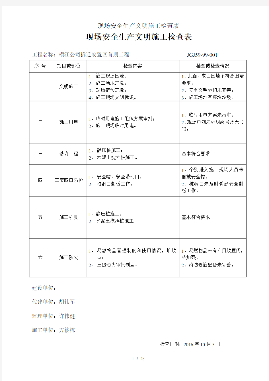 现场安全生产文明施工检查表