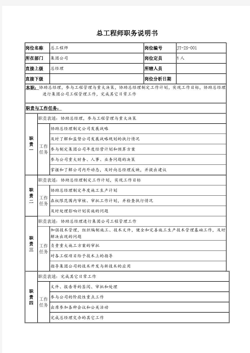 总工程师职务说明书(试行版)