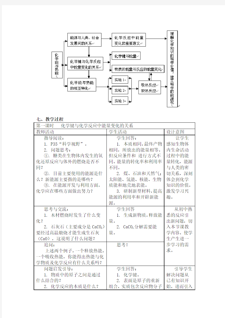 人教版化学必修二2.1 化学能和热能 教学设计方案