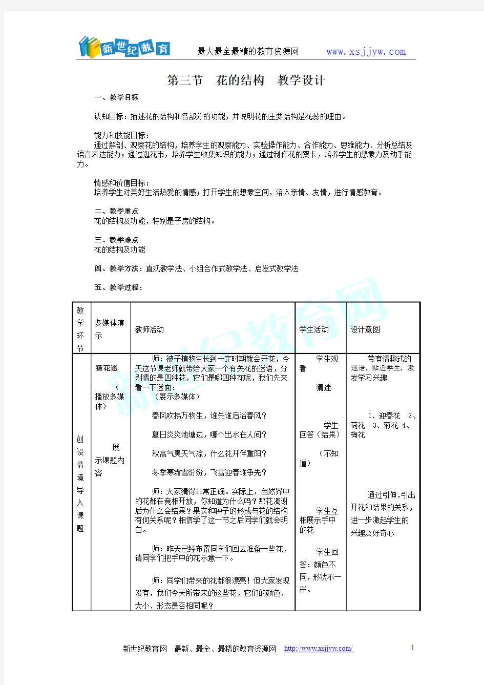 第三节 花的结构 教学设计