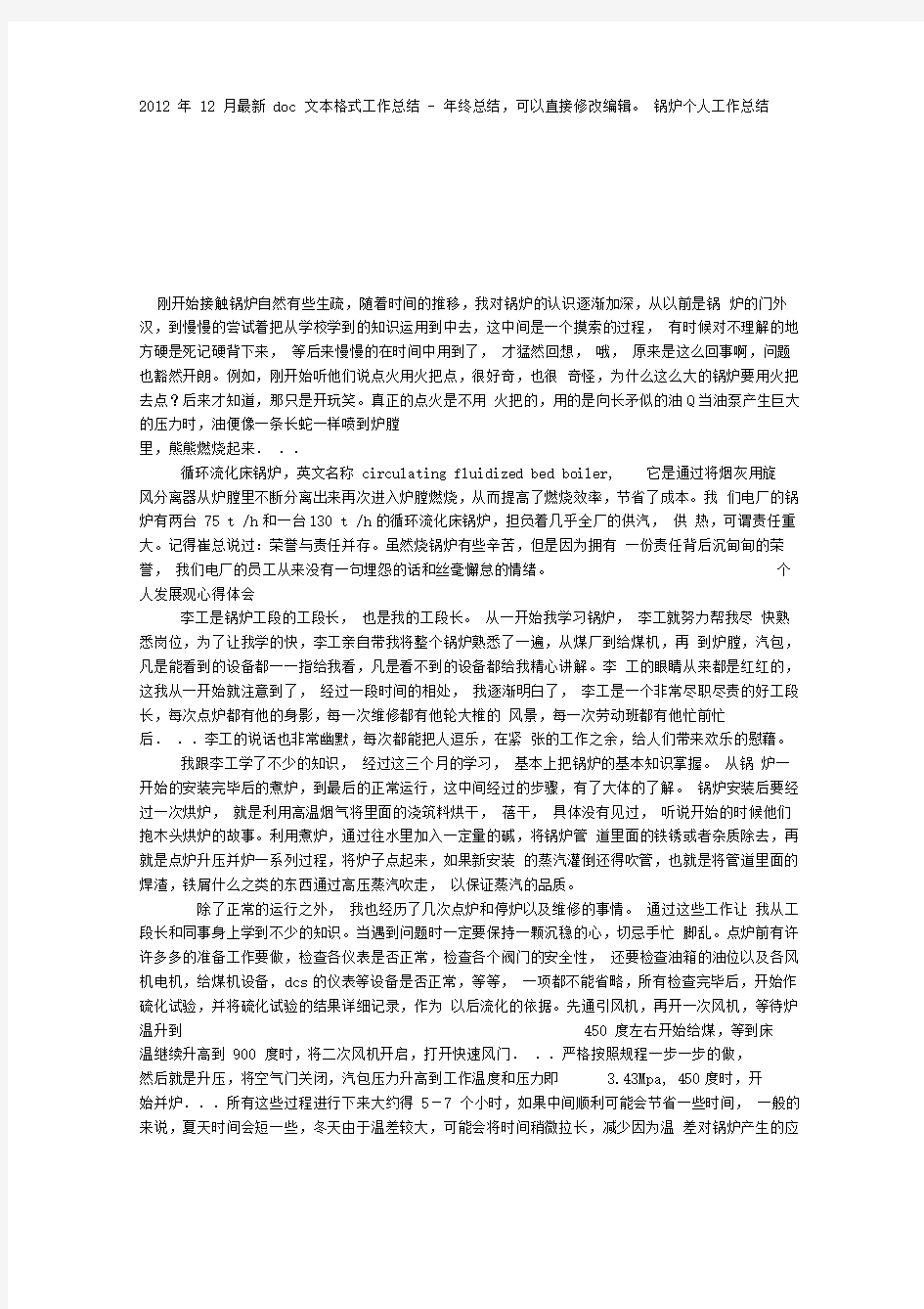 锅炉个人工作总结