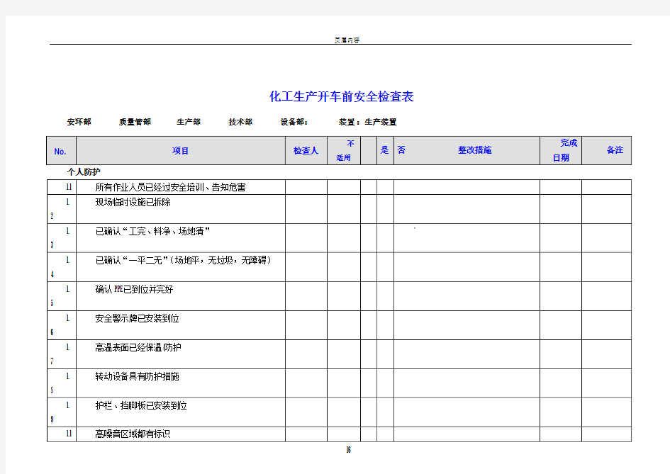 化工生产开车前安全检查表55193