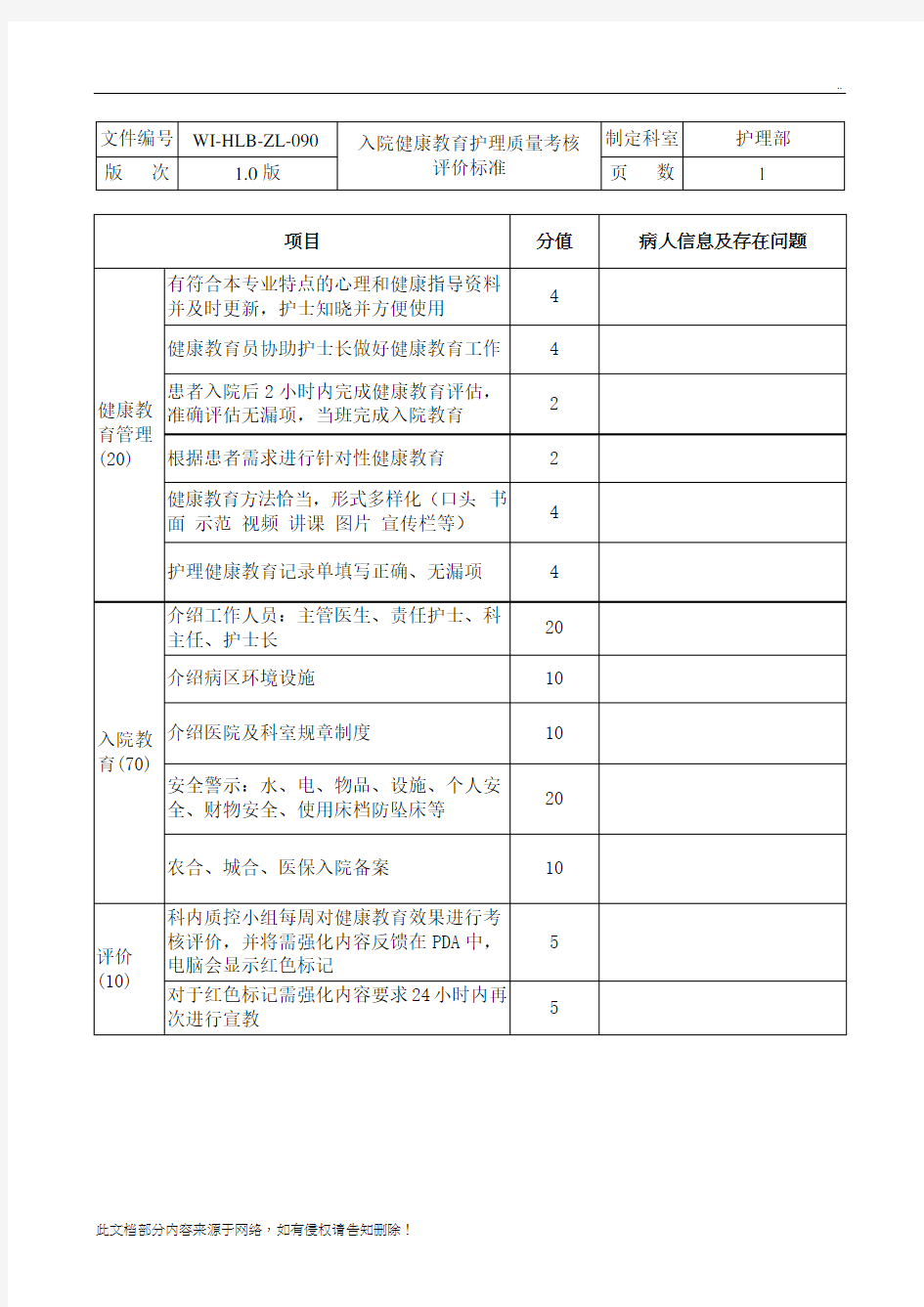 健康教育考核评价标准