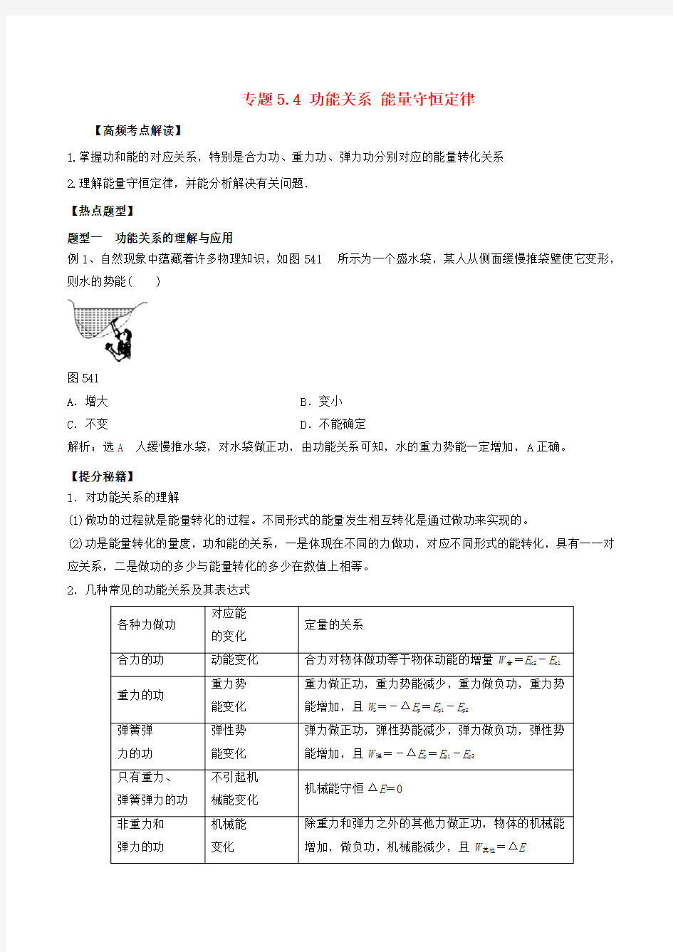 (完整版)高考物理专题复习功能关系能量守恒定律