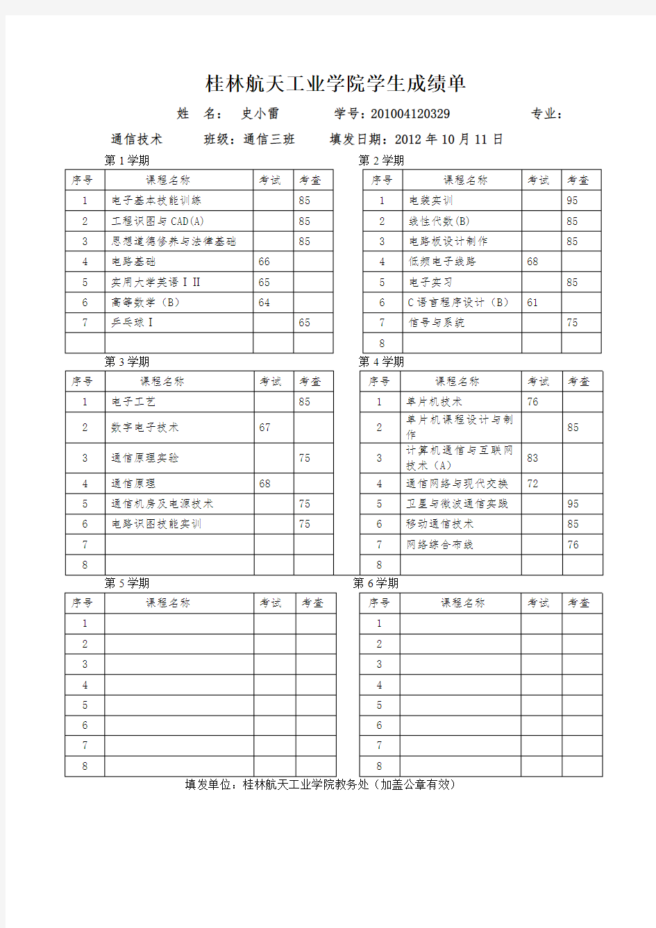 学生成绩单模板