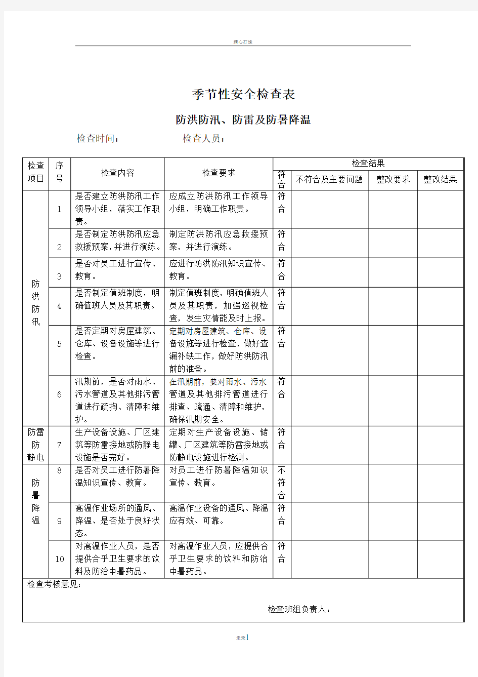 防暑、防洪防雷、防冻等季节性安全检查表