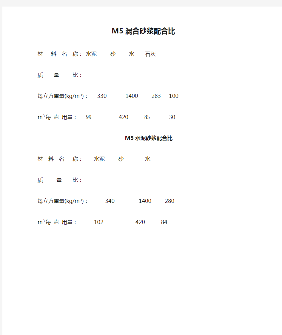 M5混合砂浆配合比