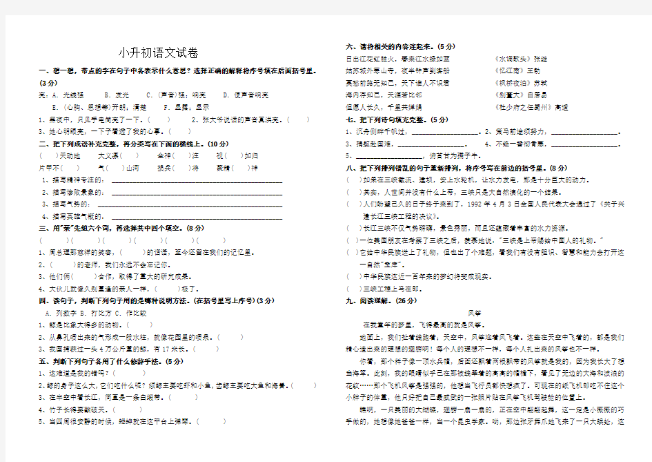 2016人教版小升初语文试卷及答案