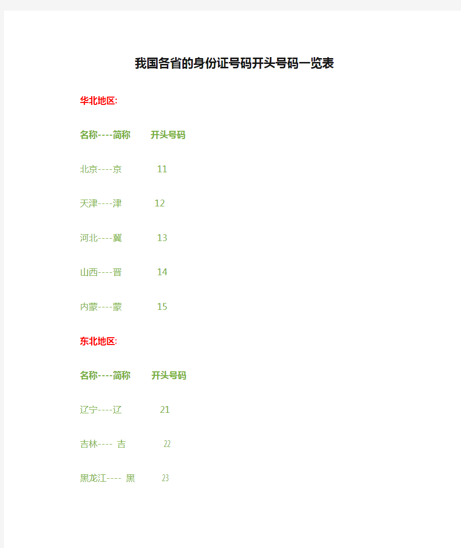 我国各省的身份证号码开头号码一览表