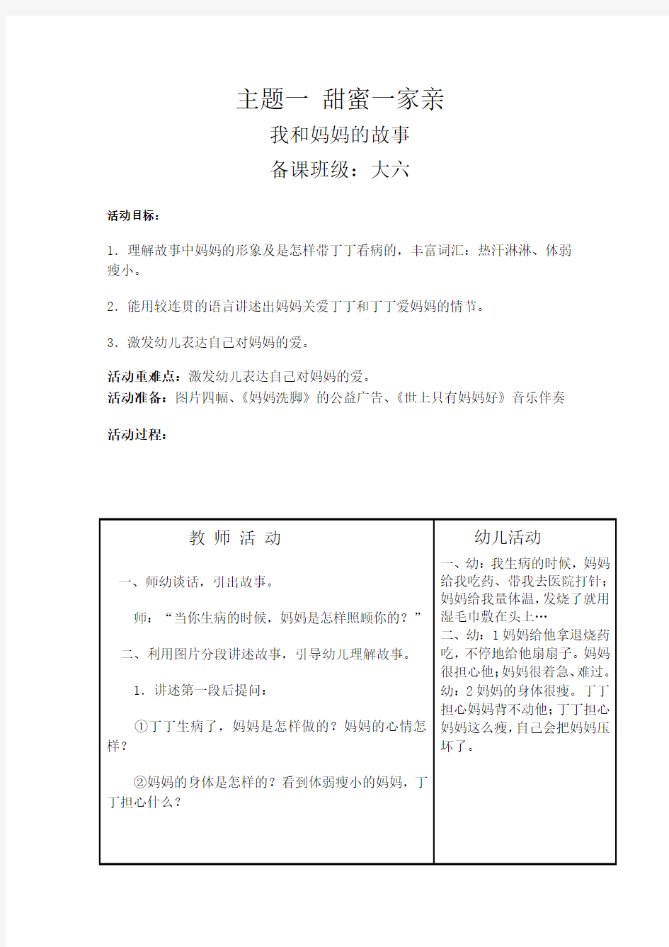 幼儿大班第二学期教案主题一(我和妈妈的故事)