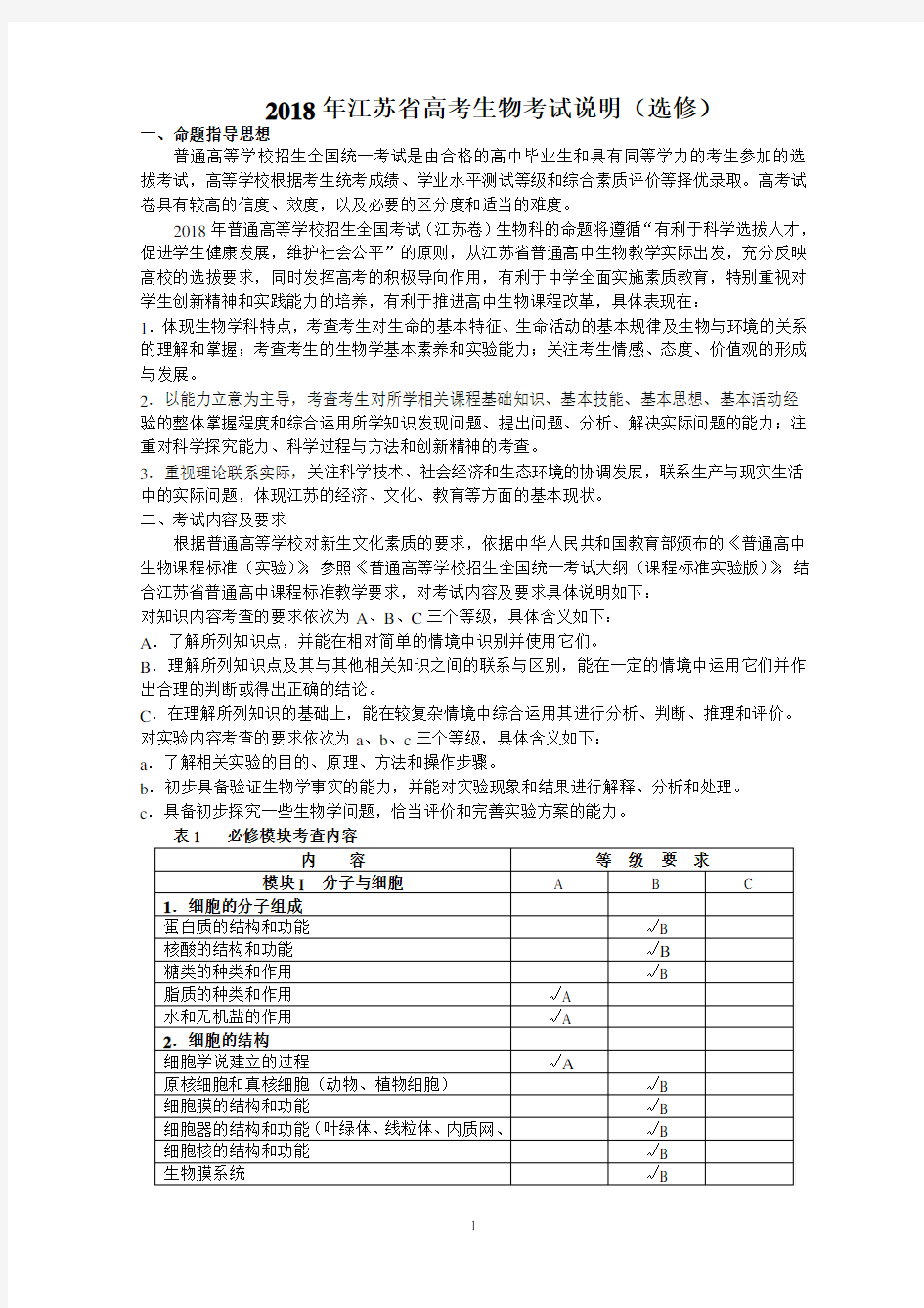 2018年江苏省高考生物考试说明