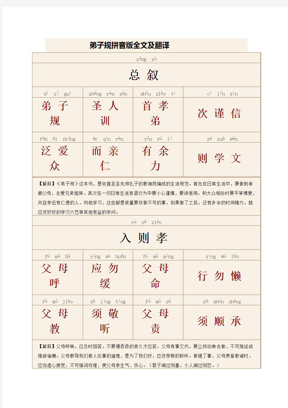 弟子规拼音版全文及翻译(最新教案教学设计)