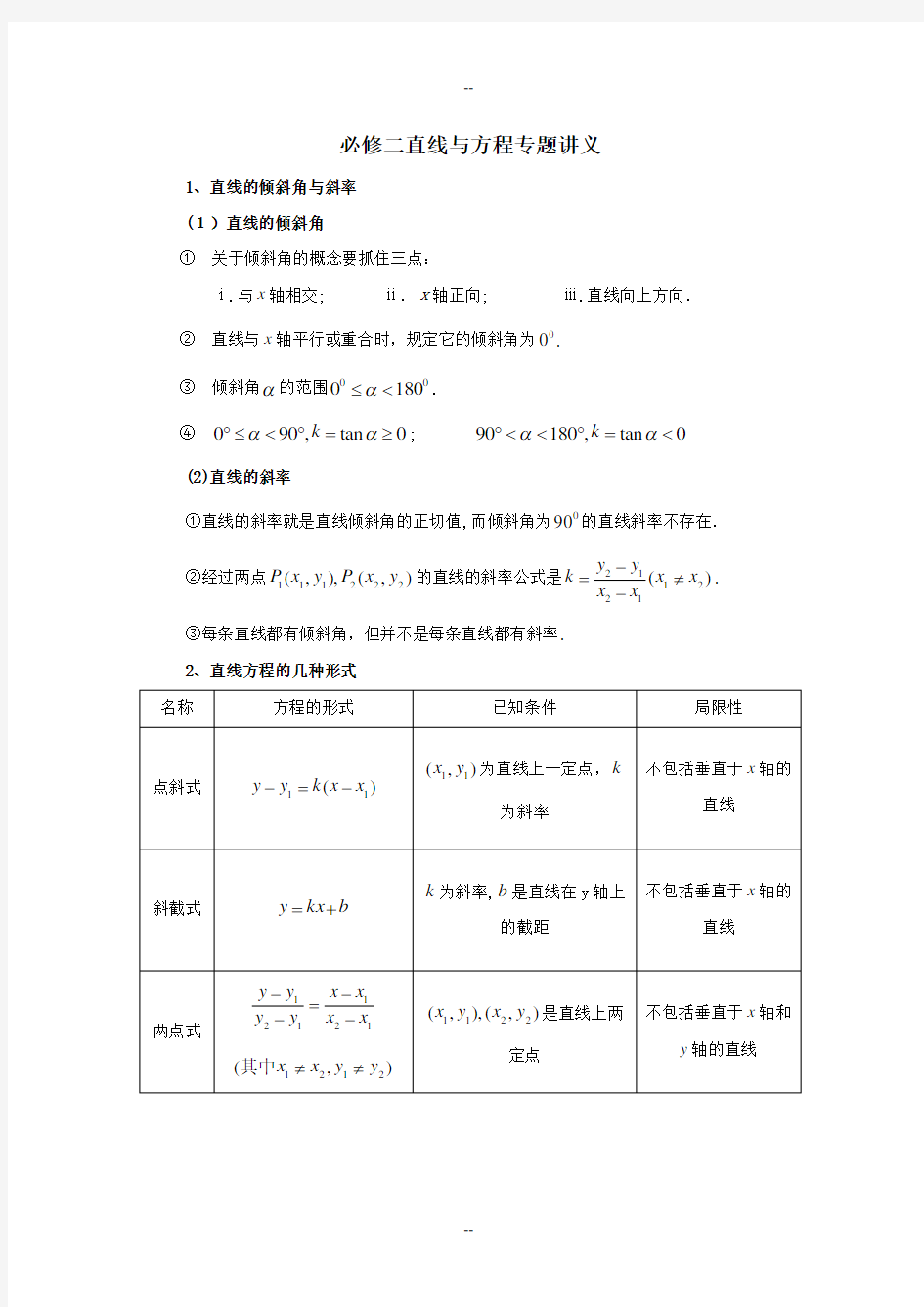 人教版数学必修2直线与方程知识点专题讲义