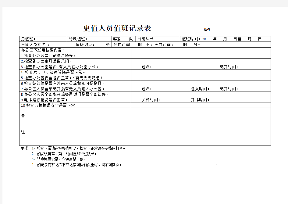 更值人员值班记录表